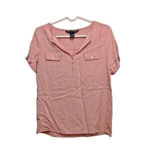 Antilia Femme Women’s Pink Top Blouse Short Sleeve Minimalist Button Casual Sz S